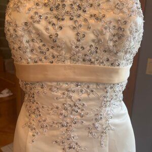 *David's Bridal Ivory Beads Flared Empire Waist Satin Gown Wedding Dress Size 10